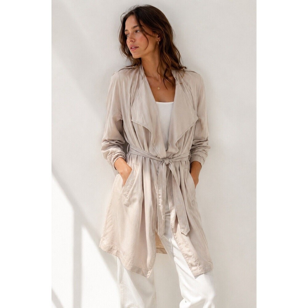 H&M Beige Lyocell Drape Front Trench Coat Jacket Tie Waist Womens US 14
